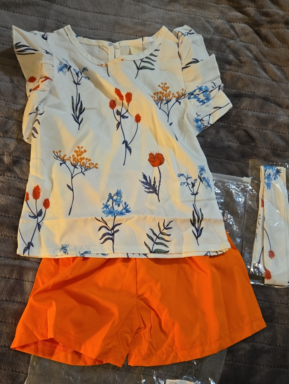 Girls Floral Print Puff Sleeve Top with Bright Orange Shorts